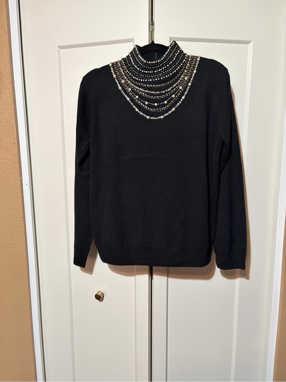 MAURADO Mock Turtleneck Featuring Pearls and Bronze Bugle Beads Embellishment